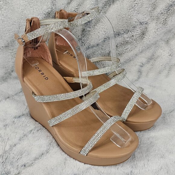 Torrid Sz 10WW Lucite Multi Strap Wedges Rhinestone Detail Stretchy Bands Dressy - Picture 2 of 12